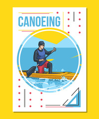 Vector illustration of a man rowing on canoe. Beautiful canoeing, kayaking poster. Water, sea or river sports