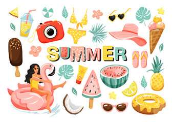 Set of summer cute elements. Woman floating on swim ring with sunglasses, fruits, camera, ice cream, hat, lemonade etc. Vector illustration for postcard, poster, sticker, packiging, fabric etc .
