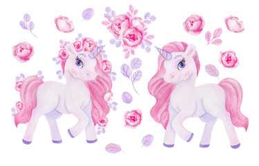 Clipart with watercolor hand draw unicorn and flowers © марина васильева