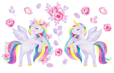 Clipart with watercolor hand draw unicorn and flowers © марина васильева