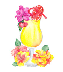 Watercolor illustrations with summer cocktails and flowers, hand draw drinks isolated on white background