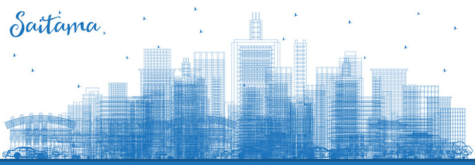 Fototapeta premium Outline Saitama Japan City Skyline with Blue Buildings.