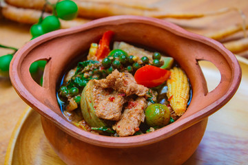 Jungle curries (Kaeng Pa) serve with beef, vegetable, herbs healthy vegetable soup.