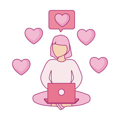 woman seated using laptop computer with hearts