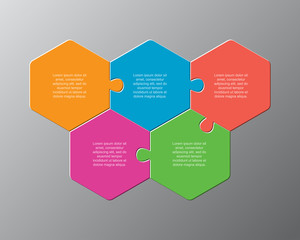 Five pieces puzzle jigsaw hexagonal info graphic