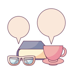 textbook with cup coffee and speech bubble