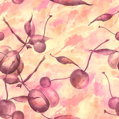 Watercolor, vintage, seamless pattern - plum branch, cherry berry, leaf. Watercolor pink paint splash. Sprig plums with leaves, hand drawing, watercolor. Plum Branch. Trendy art background.