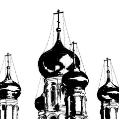 Close-up contrast, almost graphic, black and white image of the five main domes of the Central part of the Holy Trinity Stefan monastery. The domes reflect the sun.