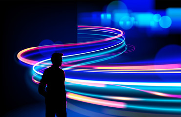 Cyberpunk light trails motion effect with a man silhouette 