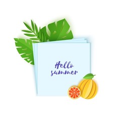Tropical leaves and grapefruit on note paper. Vector illustration of plants and fruits in paper cut style. Several white sheets lying on top of each other with space for text.