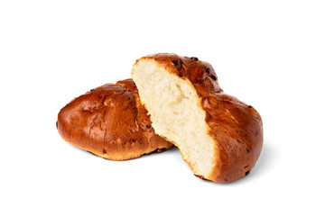Bun with raisins isolated on white background.
