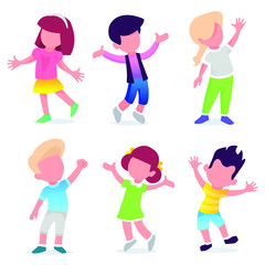 Happy school multiracial children joyfully jumping and laughing isolated on white background. Concept of happiness, gladness and fun. Vector illustration for banner, poster, website, invitation.