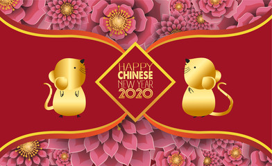 Happy chinese new year rat 2020 Zodiac sign with gold paper cut art and craft style on color Background. Chinese characters mean Happy New Year