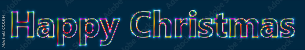 Poster happy christmas - colorful multi-layered outline text with glowing light effect on blue background.