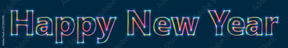 Poster happy new year - colorful multi-layered outline text with glowing light effect on blue background.