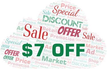 $7 Off word cloud. Wordcloud made with text only.