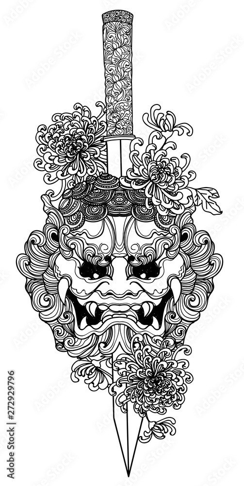 Wall mural Tattoo art warrior head and flowers hand drawing and sketch black and white with line art illustration isolated on white background.