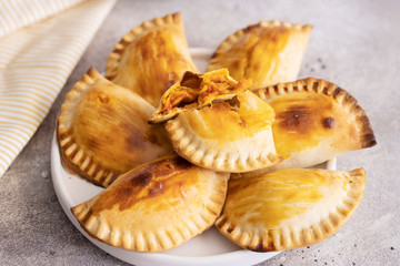 .Fresh baked Empanadillas, small filling  pies. Popular snack Latin American cultures  and Spain. .