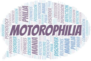 Obraz premium Motorophilia word cloud. Type of Philia.
