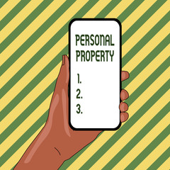 Handwriting text Personal Property. Concept meaning Things that you own and can take it with you Movable Closeup of Smartphone Device Held in Hand with Empty Screen and Text Space.