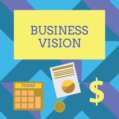 Text sign showing Business Vision. Conceptual photo grow your business in the future based on your goals Computing Dollar Investment in Gold and Presenting Data thru Pie Chart Graph.