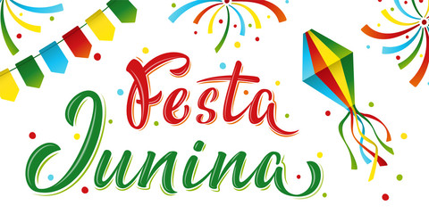 Festa Junina lettering text June party in Brazilian. Brazil tradition harvest festival. Village carnival. Festival fire, paper lantern and garland. Vector illustration for poster, banner, flyer
