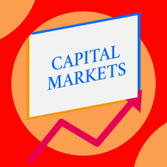 Writing note showing Capital Markets. Business photo showcasing Allow businesses to raise funds by providing market security One blank rectangle above another arrow zigzag upwards increasing sale.