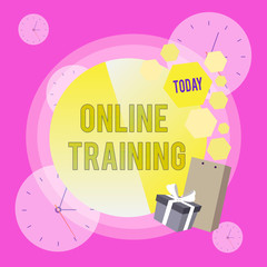 Conceptual hand writing showing Online Training. Business photo showcasing Take the education program from the electronic means Greeting Card Poster Gift Package Box Decorated by Bowknot.