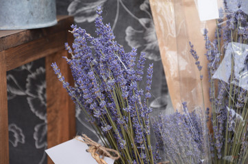 Dried lavender bouquet at local shop Romantic flower in paper wrapper