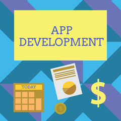 Text sign showing App Development. Conceptual photo Development services for awesome mobile and web experiences Computing Dollar Investment in Gold and Presenting Data thru Pie Chart Graph.