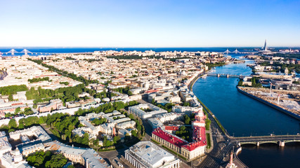 Fototapeta na wymiar The Spit of Vasilievsky Island, aerial view on city Saint-Petersburg