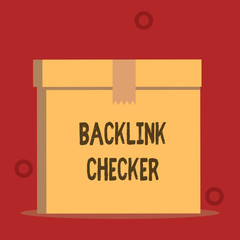 Word writing text Backlink Checker. Business concept for Find your competitors most valuable ones and spot patterns Close up front view open brown cardboard sealed box lid. Blank background.