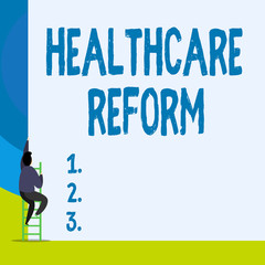 Word writing text Healthcare Reform. Business concept for Innovation and Improvement in the quality of care program Back view young man climbing up staircase ladder lying big blank rectangle.