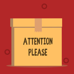 Word writing text Attention Please. Business concept for Asking showing to focus their mental powers on you Close up front view open brown cardboard sealed box lid. Blank background.