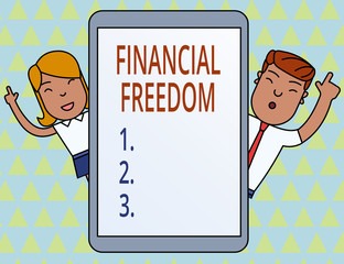 Conceptual hand writing showing Financial Freedom. Business photo showcasing Having money Free from worry when it comes to cash flow Male and Female Index Fingers Tablet Smartphone Device.