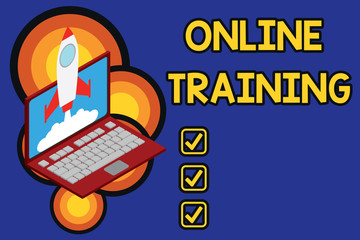 Writing note showing Online Training. Business concept for Take the education program from the electronic means Rocket launching clouds laptop background. Startup project growing. SEO