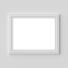 White photo or picture frame on white wall horizontal with copy-space
