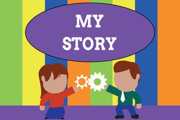 Text sign showing My Story. Business photo text the things or situations that have happened to someone in life Standing young couple sharing gear. Man tie woman skirt commerce relation