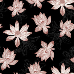 Abstract lotus seamless black background