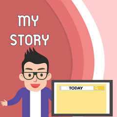 Naklejka premium Handwriting text My Story. Conceptual photo the things or situations that have happened to someone in life Male Speaker Monitor with Search Tool on Screen Presentation or Report