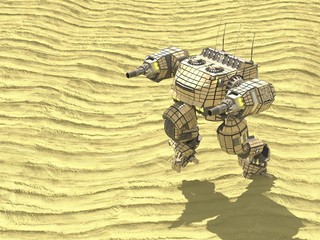 Tank robot in desert,3d ,render.
