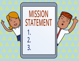 Conceptual hand writing showing Mission Statement. Concept meaning Formal summary of the aims and values of a company Male and Female Index Fingers Tablet Smartphone Device