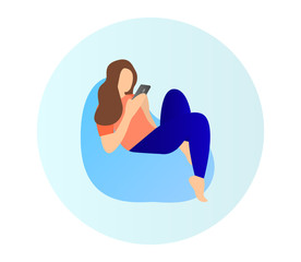 A young girl is sitting in a chair bag with a phone. Vector.