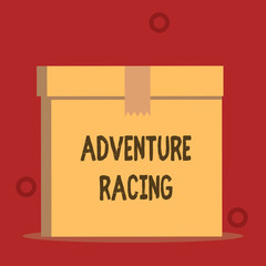 Word writing text Adventure Racing. Business photo showcasing disciplinary sport involving navigation over unknown course Close up front view open brown cardboard sealed box lid. Blank background