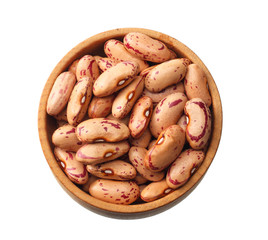 red kidney beans in wooden bowl isolated on white background. top view