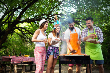 Friends having a barbecue party in nature while having fun