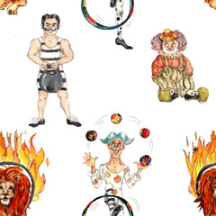 Circus characters  vintage watercolor drawing seamless pattern  illustration