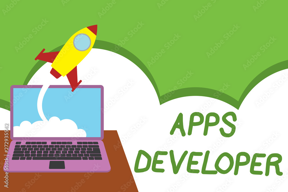 Poster text sign showing apps developer. business photo showcasing graphic artist software programmer and a