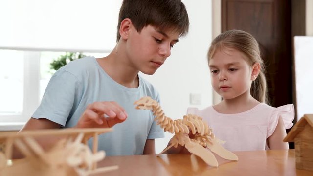 Brother and sister assemble a dinosaur 3d puzzle of wooden parts. The girl gives her brother details and watches with interest the process. Studio video shot with dolly pan of child hobby in 4K