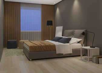 Modern house interior. Bedroom design in warm tones. 3D rendering.